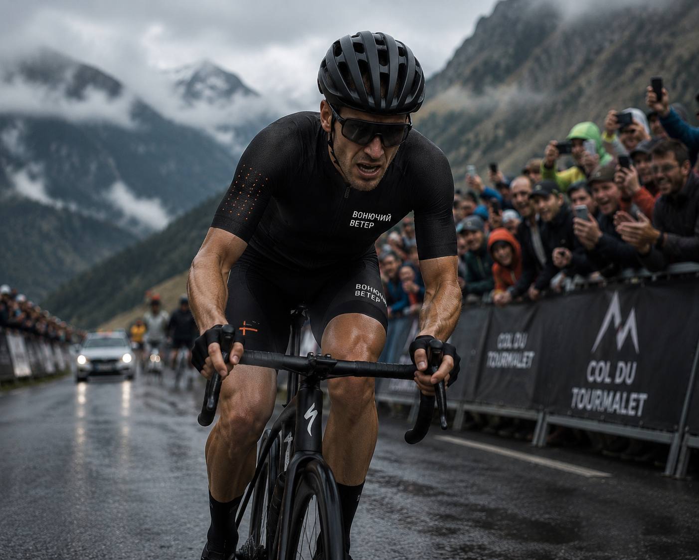 Cyclist riding alone through fog and rain